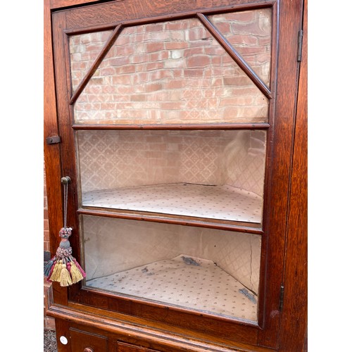 195 - LATE GEORGIAN OAK FULL UPRIGHT CORNER CUPBOARD WITH GLAZED DOOR 192CM HEIGHT APPROX