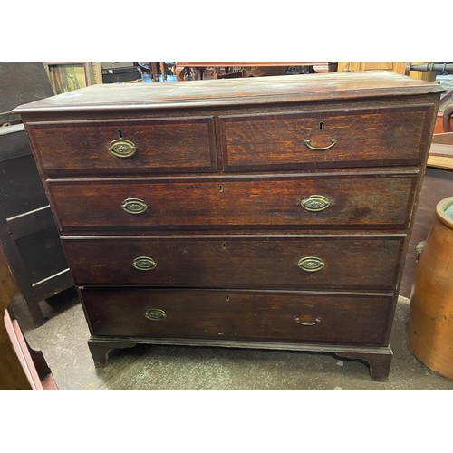 114 - LATE GEORGE III OAK AND MAHOGANY CROSS BANDED TWO OVER THREE DRAWER CHEST ON BRACKET FEET, 117CM W X... 