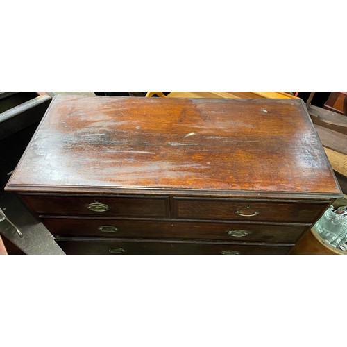 114 - LATE GEORGE III OAK AND MAHOGANY CROSS BANDED TWO OVER THREE DRAWER CHEST ON BRACKET FEET, 117CM W X... 