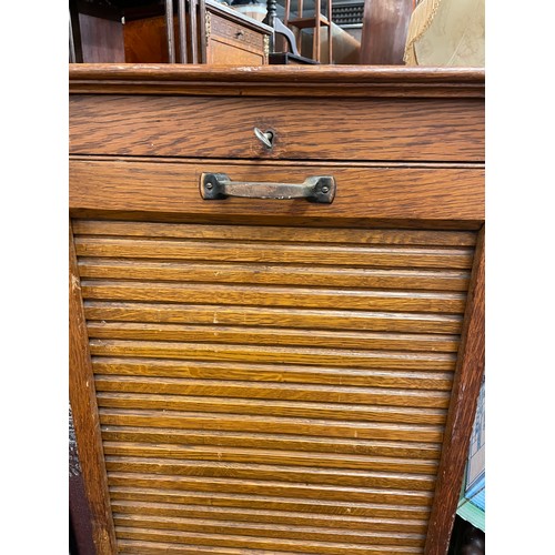 154 - EDWARDIAN OAK TAMBOUR SHUTTER FOLIO CHEST