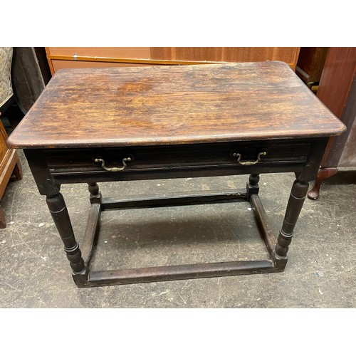 69 - 17TH CENTURY AND LATER OAK SIDE TABLE WITH SHALLOW DRAWER ON RING TURNED LEGS UNITED BY STRETCHERS, ... 