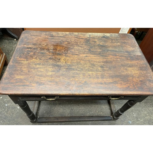 69 - 17TH CENTURY AND LATER OAK SIDE TABLE WITH SHALLOW DRAWER ON RING TURNED LEGS UNITED BY STRETCHERS, ... 