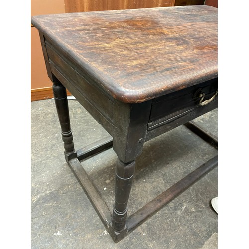 69 - 17TH CENTURY AND LATER OAK SIDE TABLE WITH SHALLOW DRAWER ON RING TURNED LEGS UNITED BY STRETCHERS, ... 