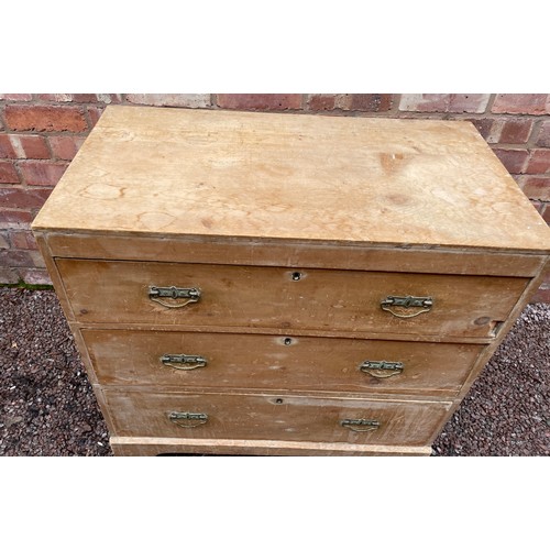 13 - EDWARDIAN STRIPPED PINE THREE DRAWER CHEST ON BRACKET FEET