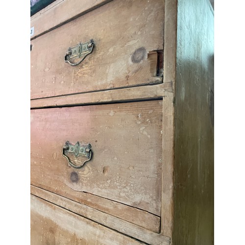 13 - EDWARDIAN STRIPPED PINE THREE DRAWER CHEST ON BRACKET FEET