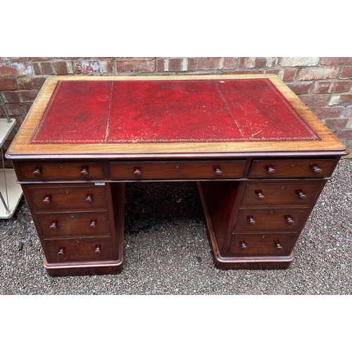 103 - VICTORIAN MAHOGANY NINE DRAWER KNEEHOLE DESK WITH INSET RED GILT TOOLED SKIVER