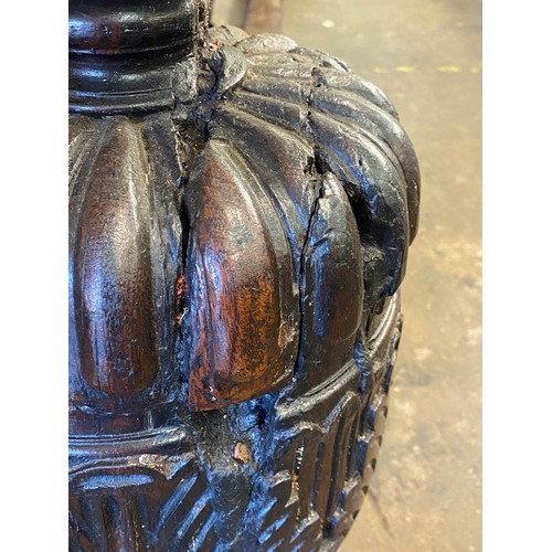 166 - 17TH CENTURY AND LATER OAK REFECTORY TABLE WITH A FIVE PLANK CLEATED TOP WITH CARVED EDGE ON HEAVILY... 