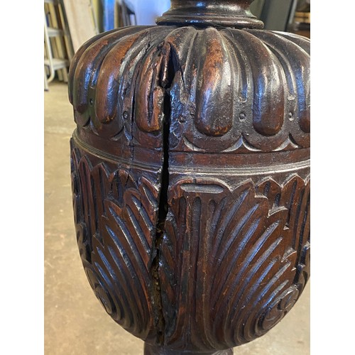 166 - 17TH CENTURY AND LATER OAK REFECTORY TABLE WITH A FIVE PLANK CLEATED TOP WITH CARVED EDGE ON HEAVILY... 