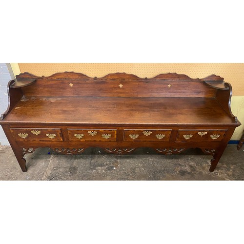 213 - MID 18TH CENTURY OAK AND CROSS BANDED DRESSER BASE WITH GALLERY BACK AND FRET CARVED FRIEZE 237CM W ... 