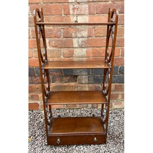 215 - GEORGIAN STYLE MAHOGANY FRET CARVED HANGING SHELVES WITH FITTED DRAWER