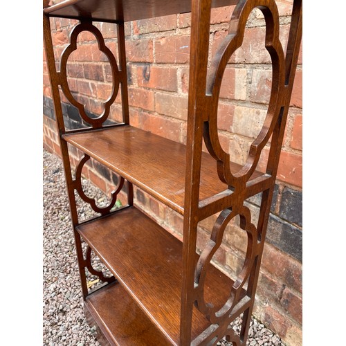 215 - GEORGIAN STYLE MAHOGANY FRET CARVED HANGING SHELVES WITH FITTED DRAWER