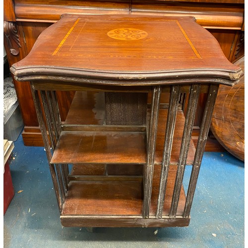 149 - EDWARDIAN SERPENTINE MARQUETRY INLAID REVOLVING TWO TIER BOOKCASE