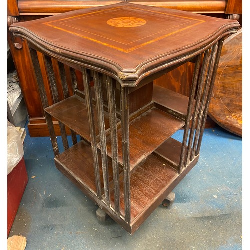 149 - EDWARDIAN SERPENTINE MARQUETRY INLAID REVOLVING TWO TIER BOOKCASE