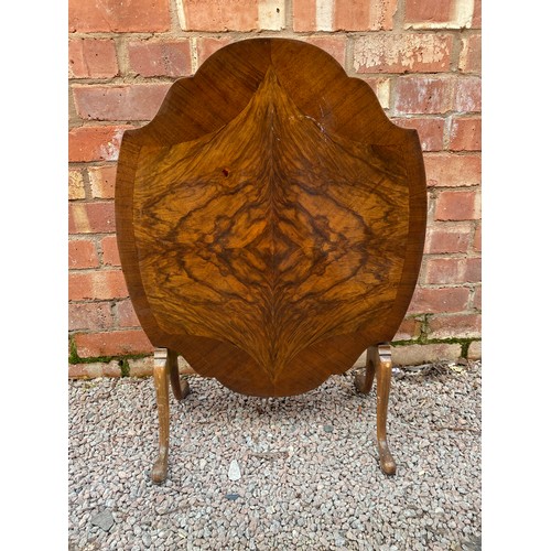 155 - WALNUT QUARTERED AND CROSS BANDED FOLDING CARTOUCHE SHAPED TABLE