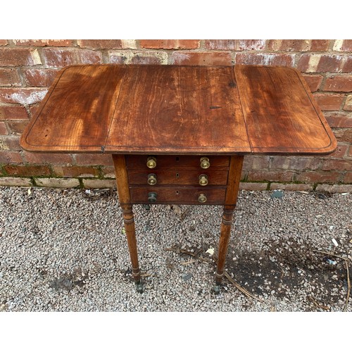 144 - REGENCY MAHOGANY AND EBONY STRUNG DROP FLAP TABLE ON RING TURNED TAPERED LEGS