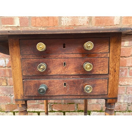 144 - REGENCY MAHOGANY AND EBONY STRUNG DROP FLAP TABLE ON RING TURNED TAPERED LEGS