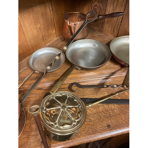 7 - SELECTION OF GRADUATED COPPER SAUCEPANS, COPPER AND BRASS HORSE CHESTNUT ROASTERS, SKIMMERS, AND WAR... 