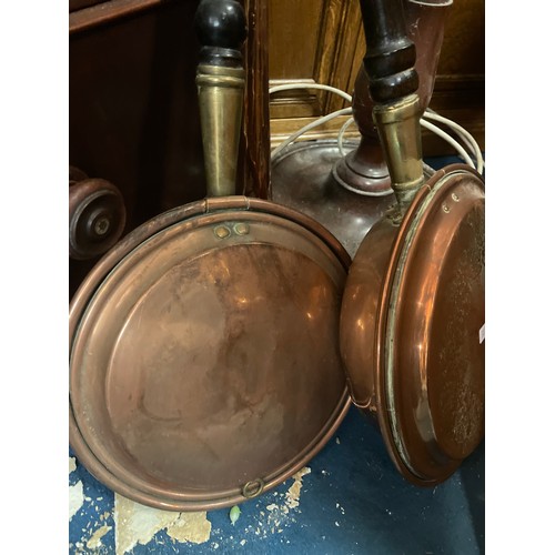 7 - SELECTION OF GRADUATED COPPER SAUCEPANS, COPPER AND BRASS HORSE CHESTNUT ROASTERS, SKIMMERS, AND WAR... 