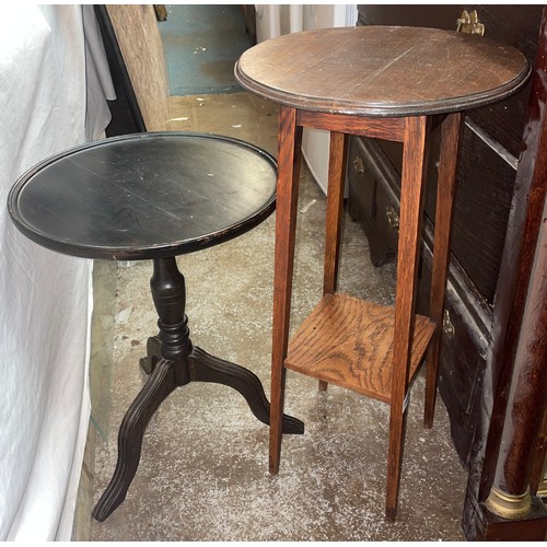 145 - OAK CIRCULAR TOPPED JARDINIERE STAND AND SMALL EBONISED TRIPOD WINE TABLE