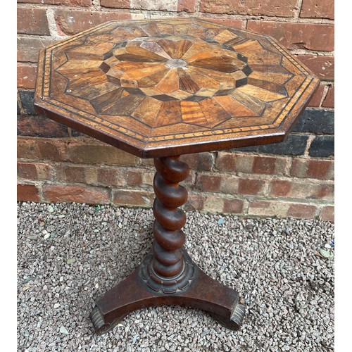 216 - VICTORIAN WALNUT BARLEY TWIST TRIPOD TABLE WITH OCTAGONAL PARQUETRY INLAID TOP