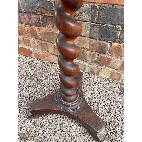 216 - VICTORIAN WALNUT BARLEY TWIST TRIPOD TABLE WITH OCTAGONAL PARQUETRY INLAID TOP