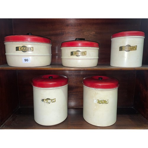 90 - SET OF FIVE GARRISON RED AND CREAM ENAMEL KITCHEN STORAGE CANISTERS