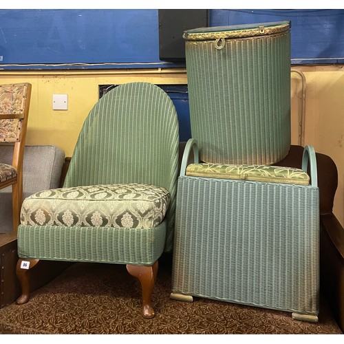 86 - GREEN LLOYD LOOM ARCH BACK BEDROOM CHAIR, LINEN STOOL, AND LINEN BIN