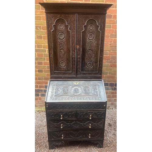 239 - 18TH CENTURY DARK OAK BUREAU BOOKCASE LATER HEAVILY CARVED, 88CM WIDEST X 55CM D X 198CM H APPROX