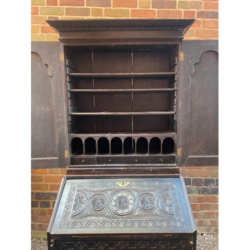 239 - 18TH CENTURY DARK OAK BUREAU BOOKCASE LATER HEAVILY CARVED, 88CM WIDEST X 55CM D X 198CM H APPROX