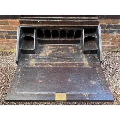 239 - 18TH CENTURY DARK OAK BUREAU BOOKCASE LATER HEAVILY CARVED, 88CM WIDEST X 55CM D X 198CM H APPROX