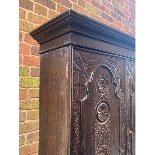 239 - 18TH CENTURY DARK OAK BUREAU BOOKCASE LATER HEAVILY CARVED, 88CM WIDEST X 55CM D X 198CM H APPROX