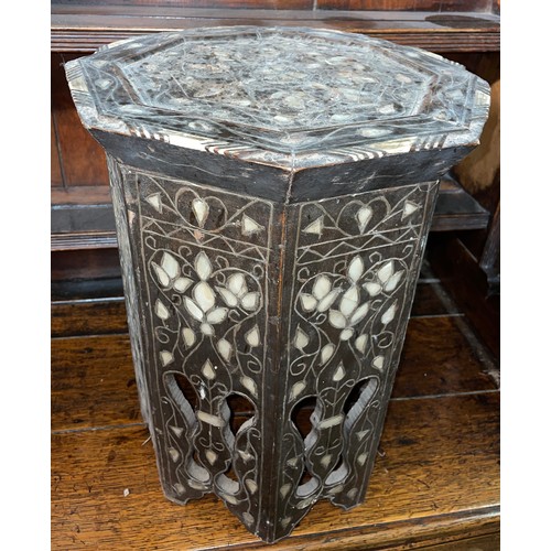 76 - DAMASCUS OCTAGONAL BONE INLAID FRET CARVED TABLE