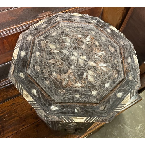 76 - DAMASCUS OCTAGONAL BONE INLAID FRET CARVED TABLE