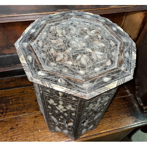 76 - DAMASCUS OCTAGONAL BONE INLAID FRET CARVED TABLE