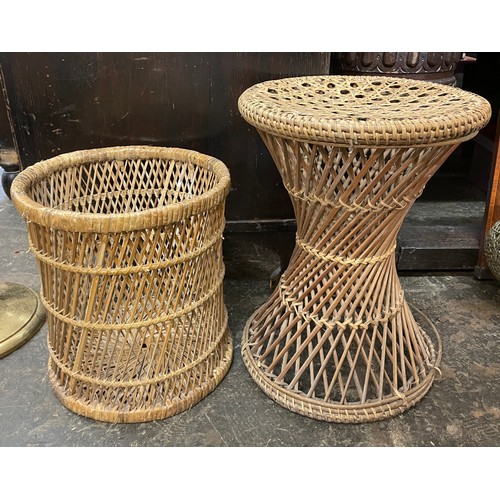 211 - WICKER AND CANE WORK WASTE PAPER BASKET AND STOOL