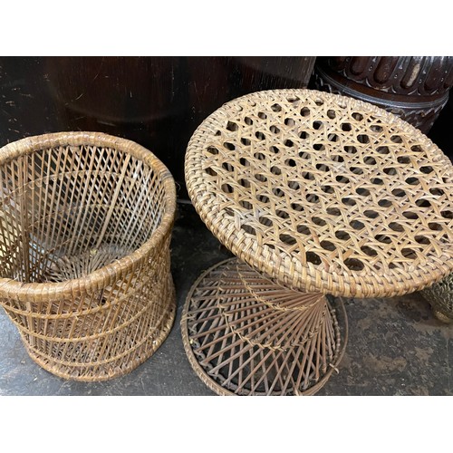 211 - WICKER AND CANE WORK WASTE PAPER BASKET AND STOOL