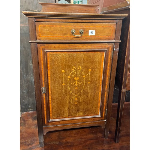 97 - EDWARDIAN MAHOGNAY CRESTED BACK MARQUETRY INLAID AND CROSS BANDED BEDSIDE CUPBOARD