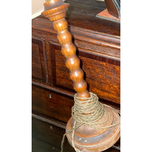 116 - CARVED OPEN BARLEY TWIST TABLE LAMP AND SMALLER BOBBIN REEL STEM TABLE LAMP