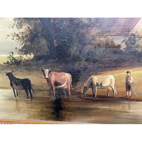 269 - M JEFFRIES OILS ON BOARD CATTLE AT WATER BEFORE A COTTAGE IN A LANDSCAPE 76CM X 50CM APPROX