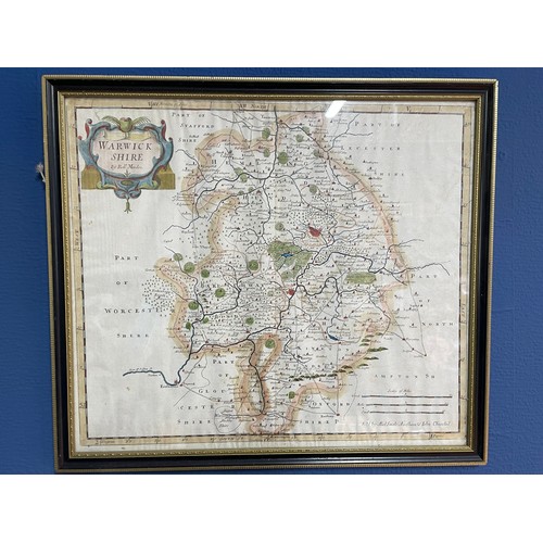 259 - ANTIQUARIAN HAND TINTED MAP OF WARWICKSHIRE BY ROBERT MORDEN FRAMED AND GLAZED 42CM X 37CM APPROX