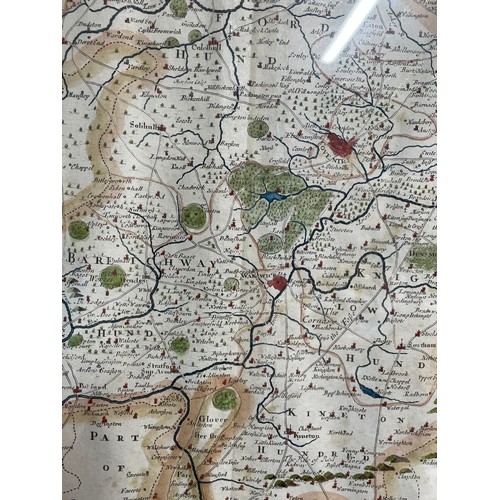 259 - ANTIQUARIAN HAND TINTED MAP OF WARWICKSHIRE BY ROBERT MORDEN FRAMED AND GLAZED 42CM X 37CM APPROX