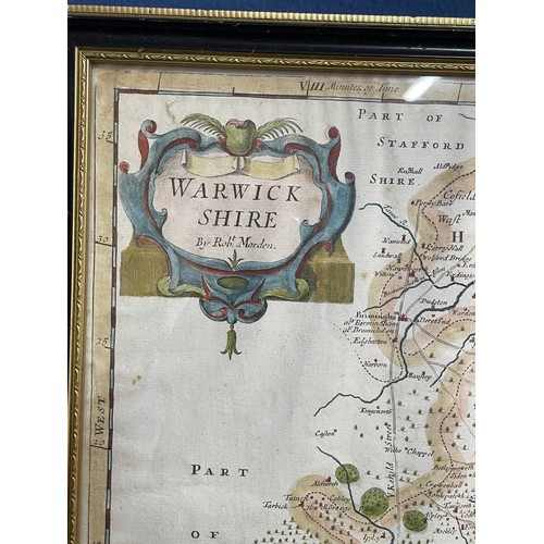 259 - ANTIQUARIAN HAND TINTED MAP OF WARWICKSHIRE BY ROBERT MORDEN FRAMED AND GLAZED 42CM X 37CM APPROX