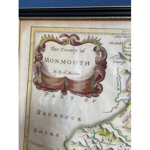 256 - ANTIQUARIAN HAND TINTED MAP OF THE COUNTY OF MONMOUTH BY ROBERT MORDEN 41CM X 34CM APPROX