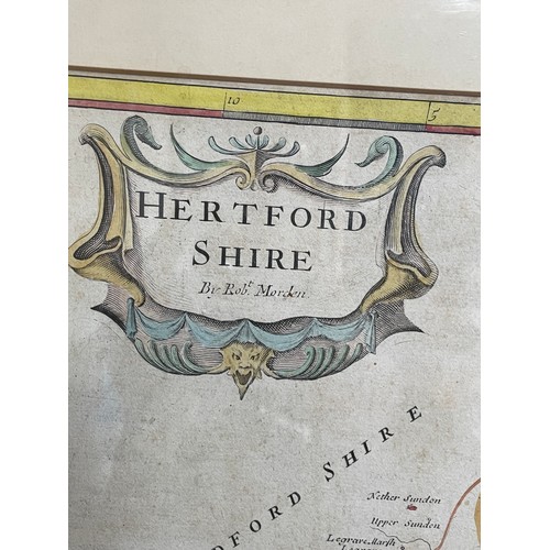 253 - ANTIQUARIAN MAP HAND TINTED HERTFORDSHIRE BY ROBERT MORDEN SOLD BY BY ABEL SWALE AMNSHAM AND JOHN CH... 