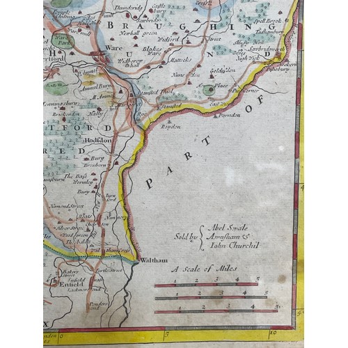 253 - ANTIQUARIAN MAP HAND TINTED HERTFORDSHIRE BY ROBERT MORDEN SOLD BY BY ABEL SWALE AMNSHAM AND JOHN CH... 