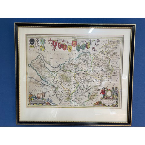 255 - ANTIQUARIAN MAP OF THE COUNTY &  PALATINES OF CHESTER AND ITS HUNDREDS HAND TINTED WITH ARMORIAL SHI... 