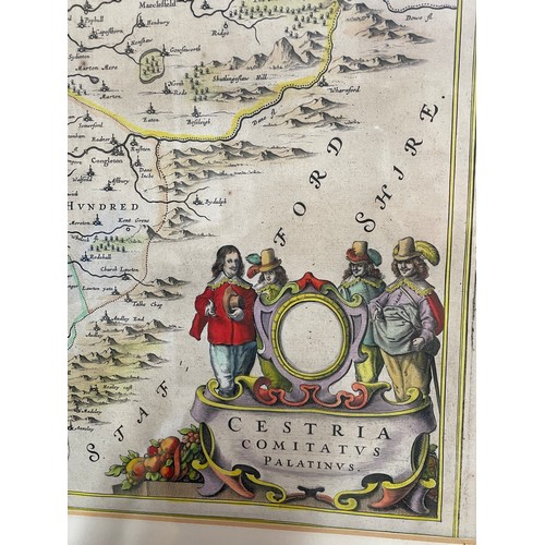 255 - ANTIQUARIAN MAP OF THE COUNTY &  PALATINES OF CHESTER AND ITS HUNDREDS HAND TINTED WITH ARMORIAL SHI... 