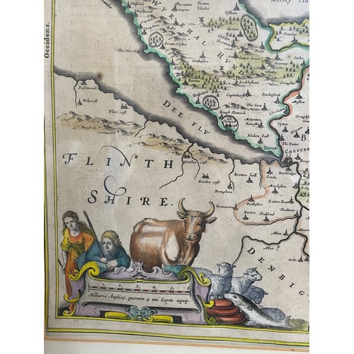 255 - ANTIQUARIAN MAP OF THE COUNTY &  PALATINES OF CHESTER AND ITS HUNDREDS HAND TINTED WITH ARMORIAL SHI... 