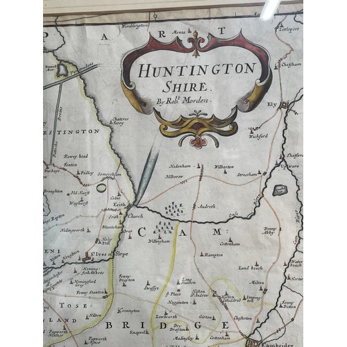 254 - ANTIQUARIAN MAP HUNTINGTONSHIRE BY ROBERT MORDEN HAND TINTED FRAMED AND GLAZED 40CM X 37CM APPROX