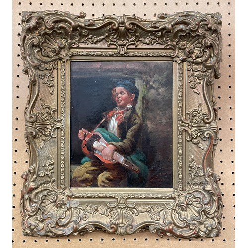 264 - H. HENSHAW OILD ON CANVAS THE HURDY - GURDY PLAYER SIGNED AND DATED 1857 17CM X 22CM APPROX